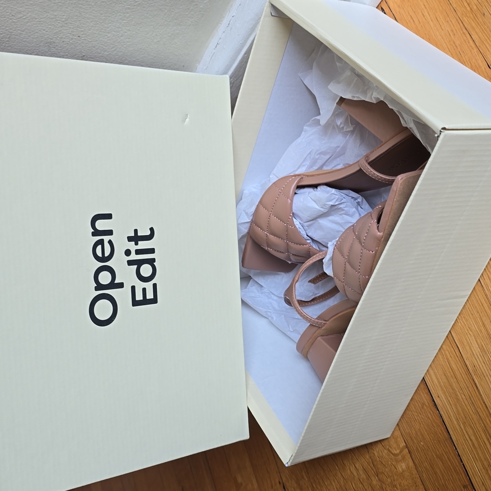 Open Edit, Quilted Square Toe Block Heel Sandals, Tan Mocha, EUC, Women's 8M - Picture 15 of 15